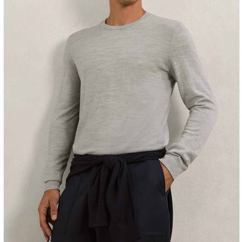 Reiss Wessex Merino Wool Crew Neck Jumper Sweater Soft Grey Mouline Size XL